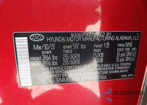 2023 Hyundai Santa Fe Sel z USA, uszkodzony, nr VIN 5NMS24AJ0PH569166